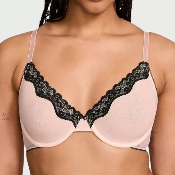 NEW Victoria’s Secret Tease Demi Unlined Size Bra 36C Pink Black Lace - Picture 1 of 7